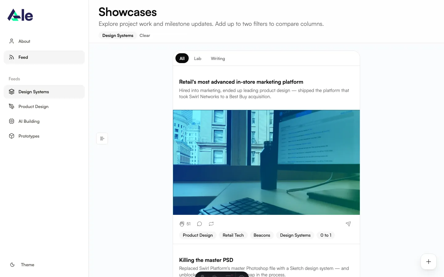 Feed page filtered to Design Systems topic, reached in one click from the dock's topic shortcut