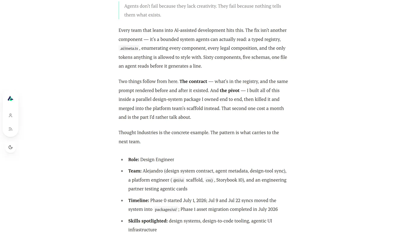 A showcase article rendered through the typeset wrapper — Satoshi headings above Erode body copy at an 18px base, sitting in the reading column with the slim left dock alongside