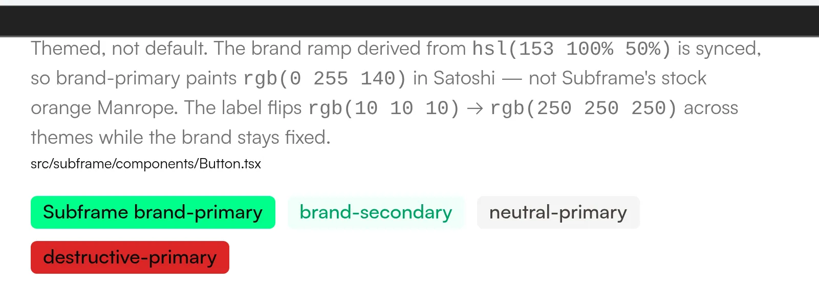 The Subframe Button pilot in light mode: brand-primary filled with cyan, its label near-black, set in Satoshi