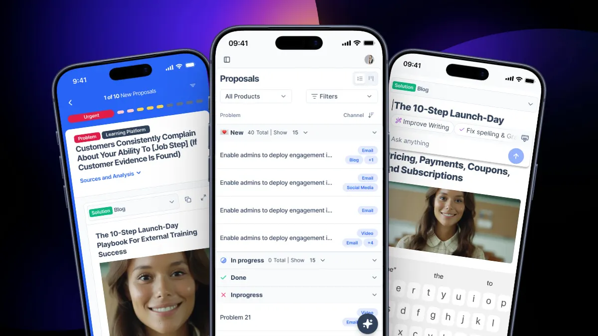 The Customer Value Agent shown across three mobile screens — proposals, editor, and dashboard.