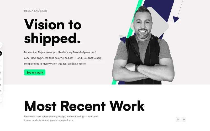 Portfolio homepage with the shipped floating dock — slim left-edge column on desktop, top-center pill on mobile