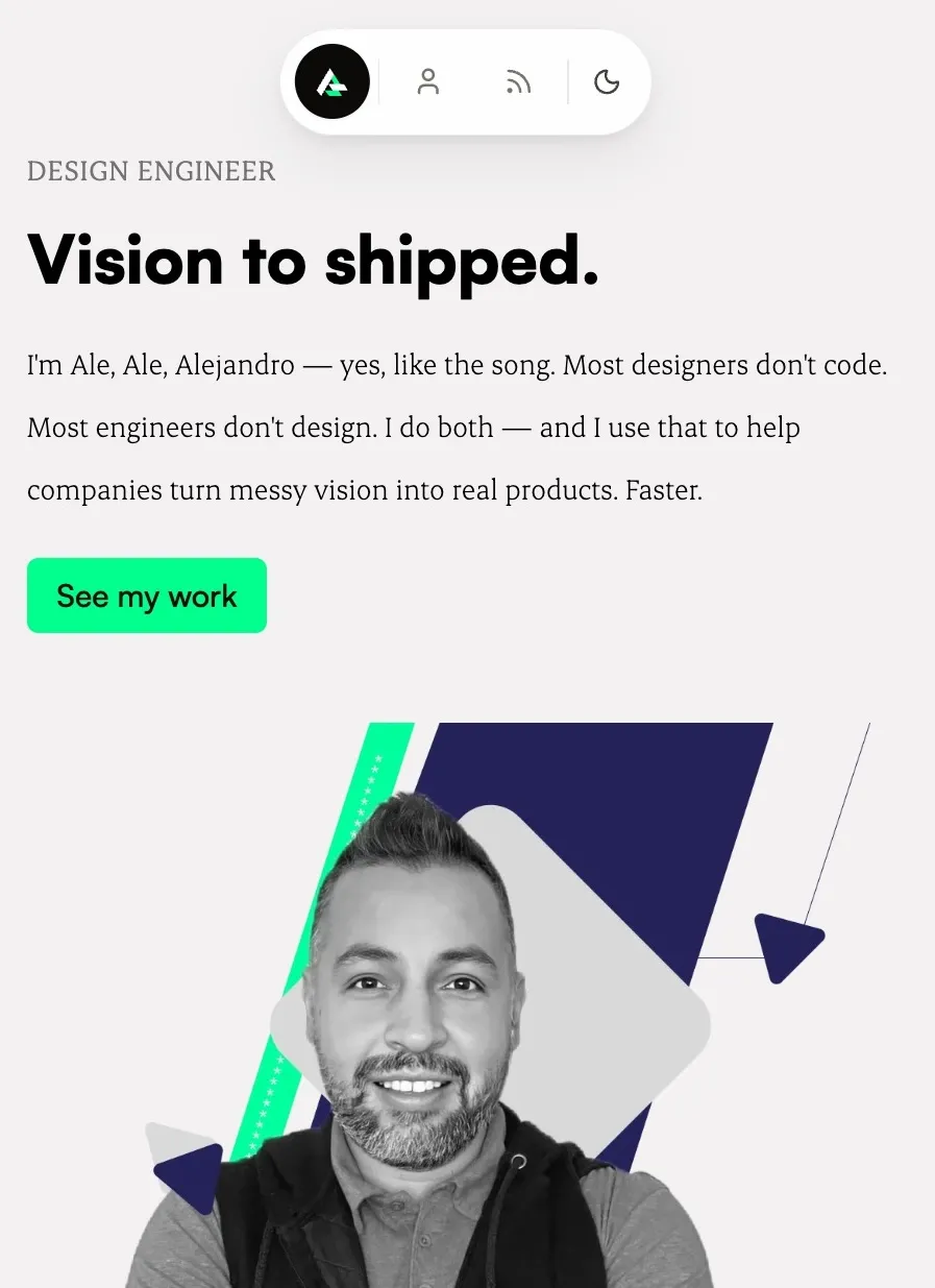 After — compact top-center pill with logomark and icon-only links