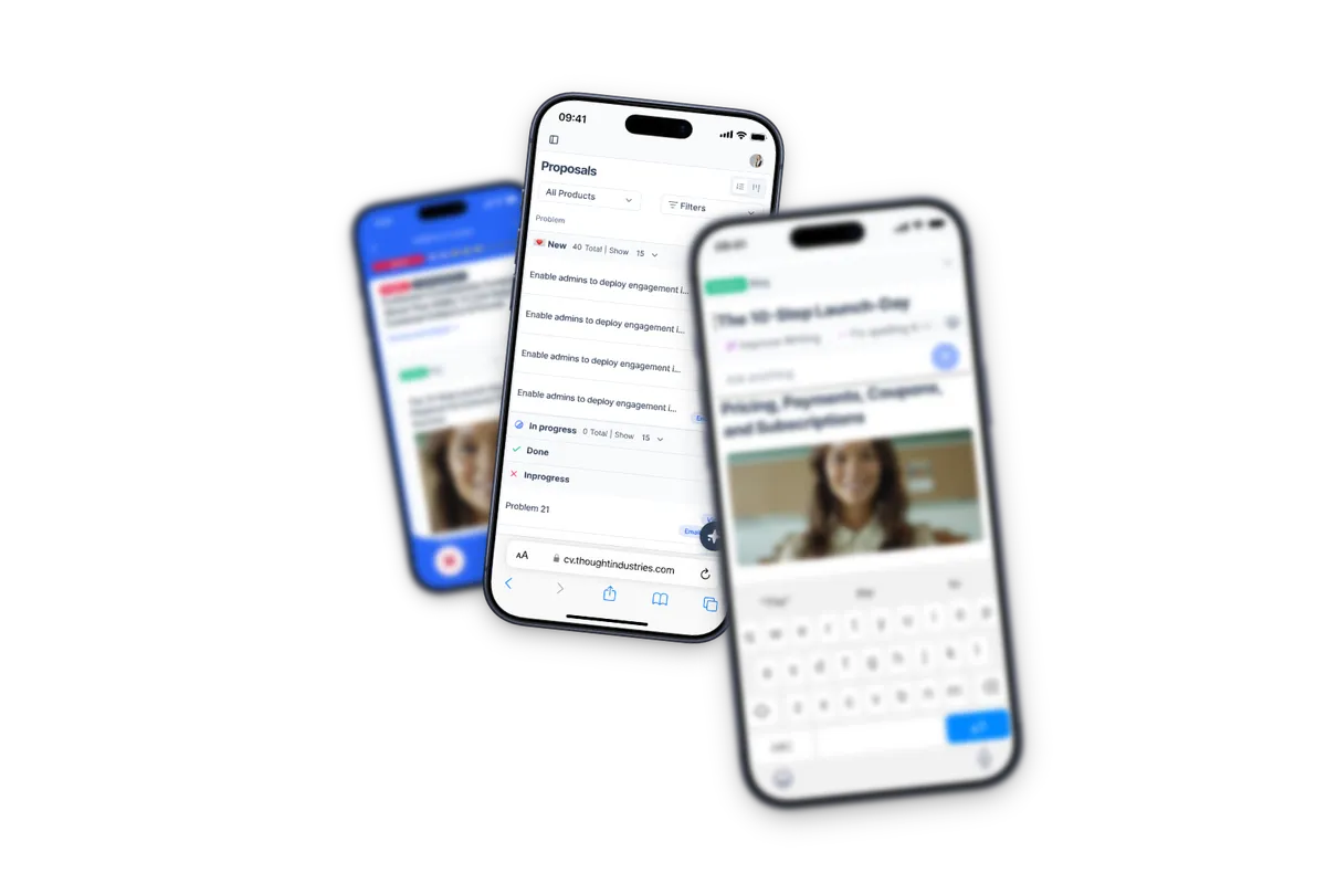 The Customer Value Agent across three floating mobile screens — proposal queue, content editor, and Weekly Score dashboard.