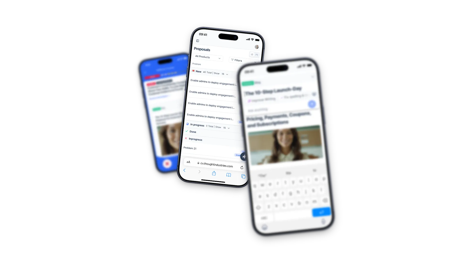 The Customer Value Agent across three floating mobile screens — proposal queue, content editor, and results.