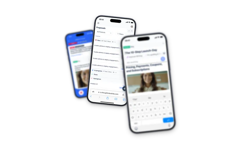The Customer Value Agent across three floating mobile screens — proposal queue, content editor, and Weekly Score dashboard.