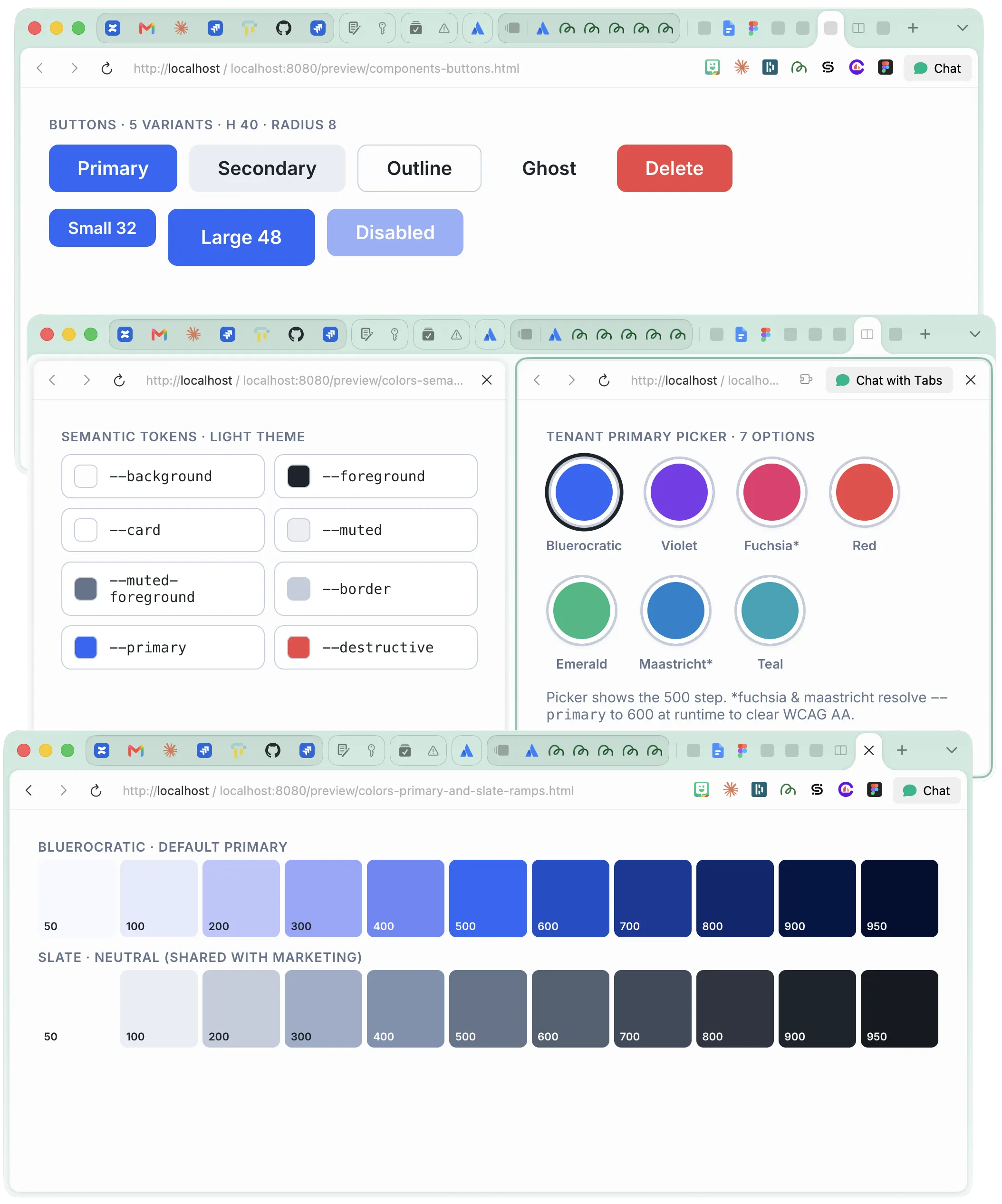 tiOS preview HTML — five button variants, size tokens (32/48), and disabled state from the canonical design contract in packages/ui/tios/preview/.