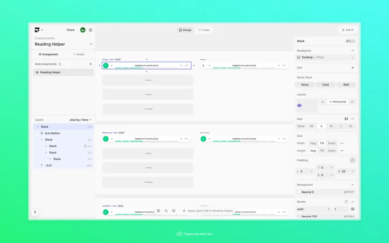 The Reading Helper component open in Subframe, its playing, fast-forward, and marker variants laid out beside the layer tree and style panel