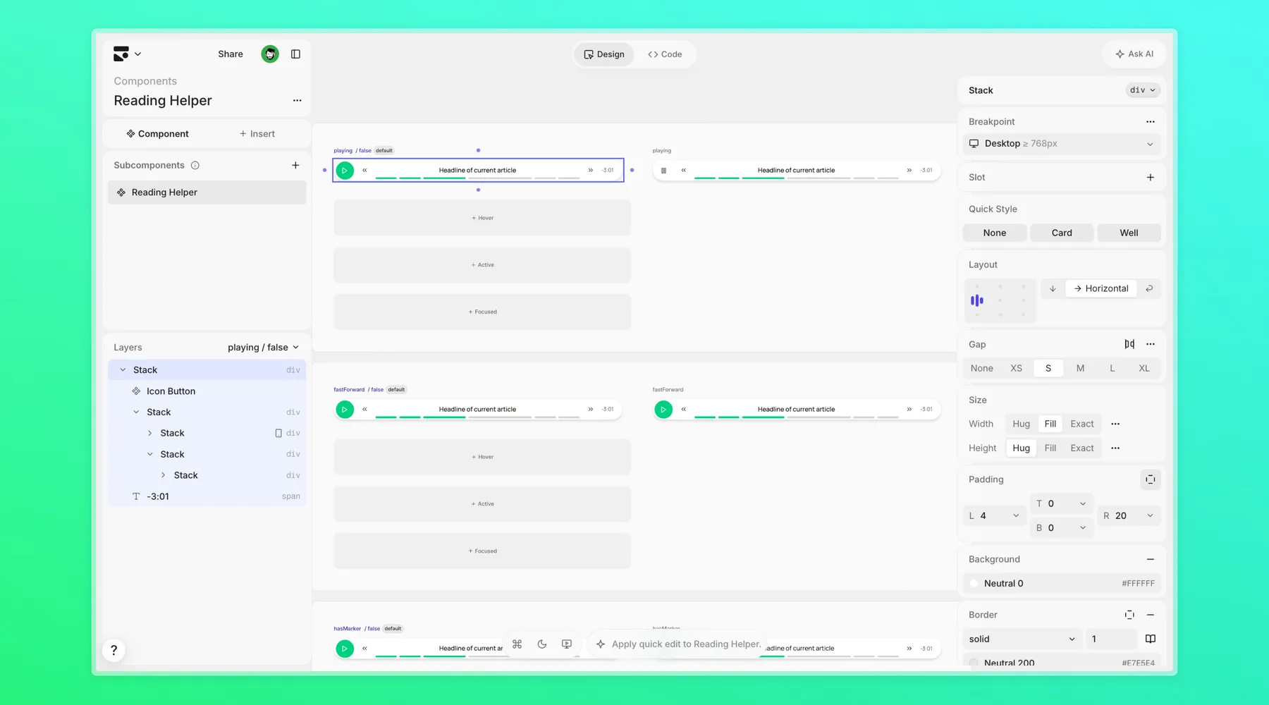 The Reading Helper component open in Subframe, its playing, fast-forward, and marker variants laid out beside the layer tree and style panel