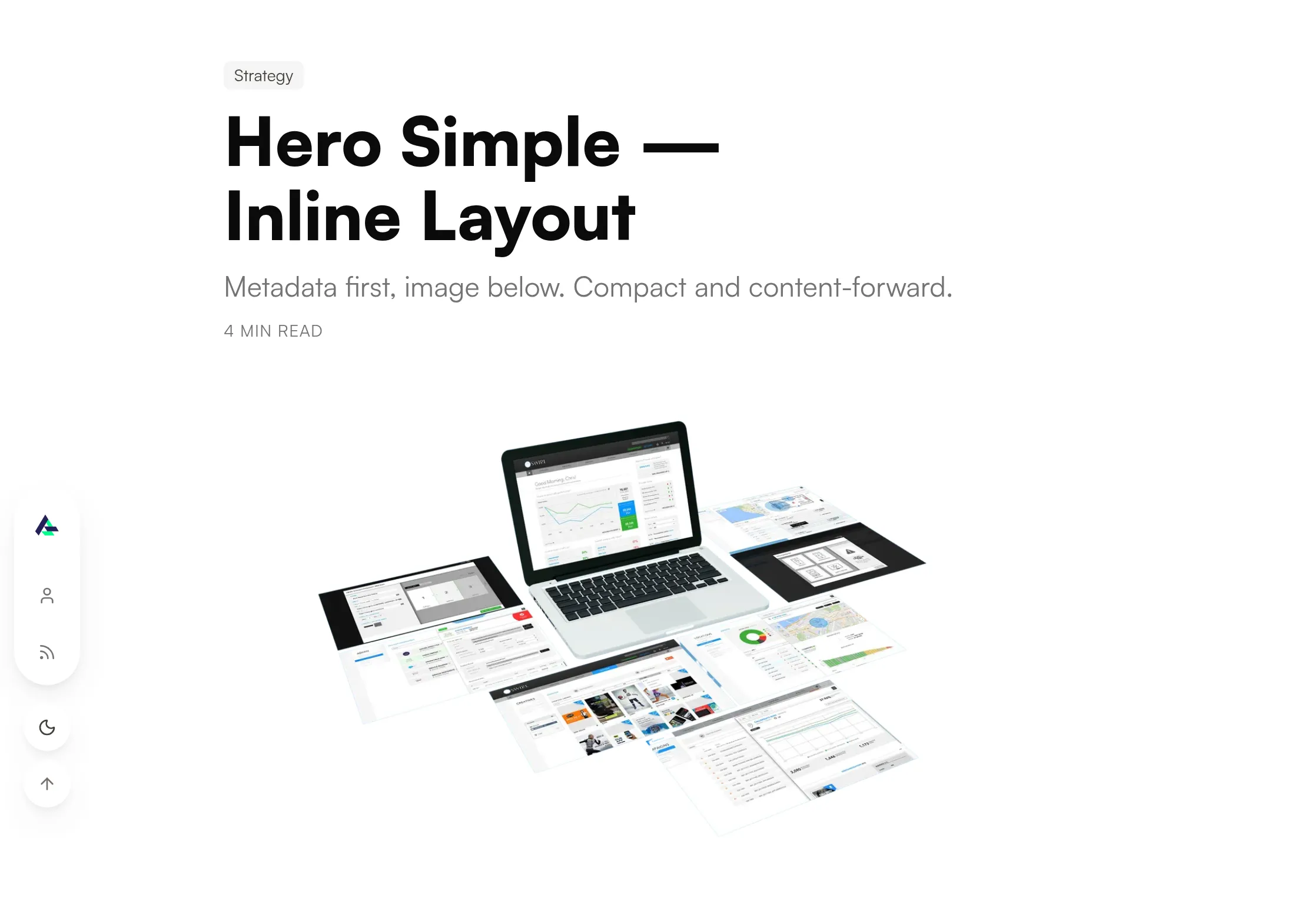 The simple inline hero: category chip, title, description and read time first, with the image below them