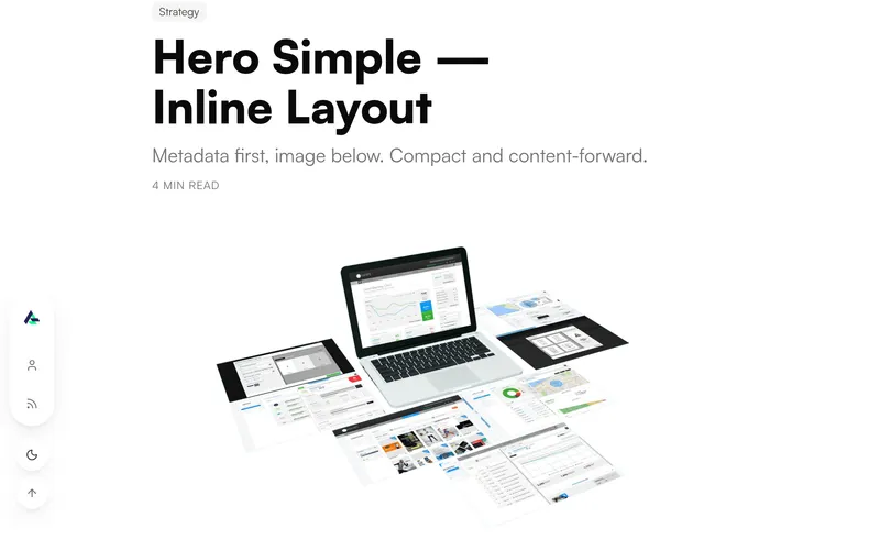 The inline hero arrangement rendered at 1100px — category chip, black display title, description and read time stacked above the image rather than over it