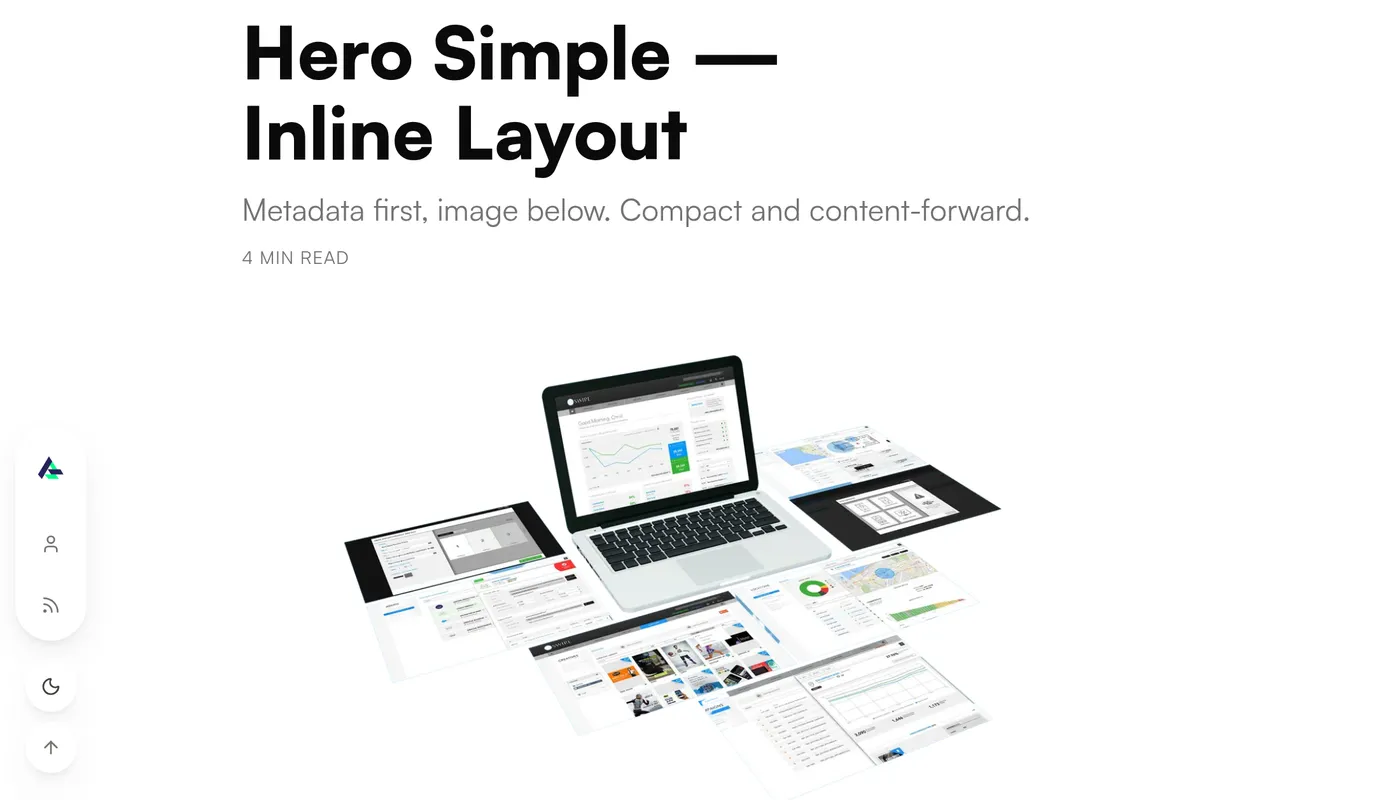 The inline hero arrangement rendered at 1100px — category chip, black display title, description and read time stacked above the image rather than over it