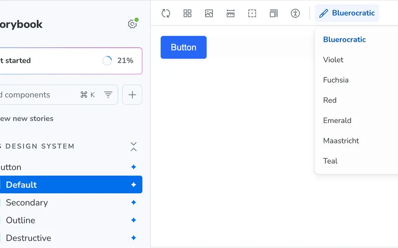 Storybook 10 in @ti/ui — tiOS Design System sidebar, Button default story, and Tenant Primary theme picker with seven tenant palettes