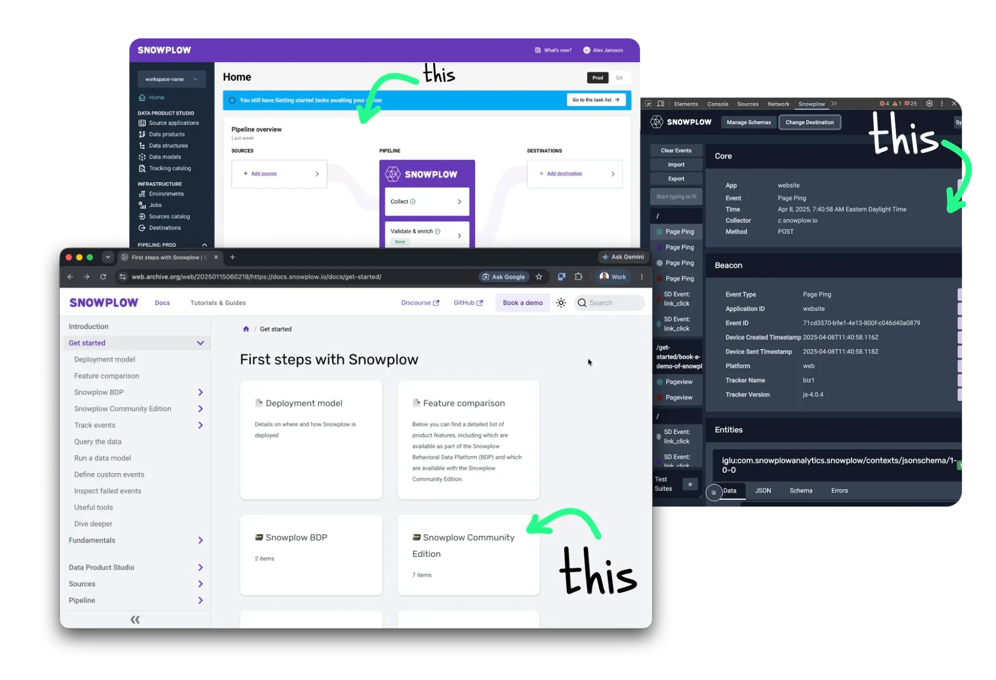 Three Snowplow surfaces side by side — the Console home, the docs 'Get started' page, and the Inspector devtools panel — each with its own patterns and card styles, hand-annotated 'this'.