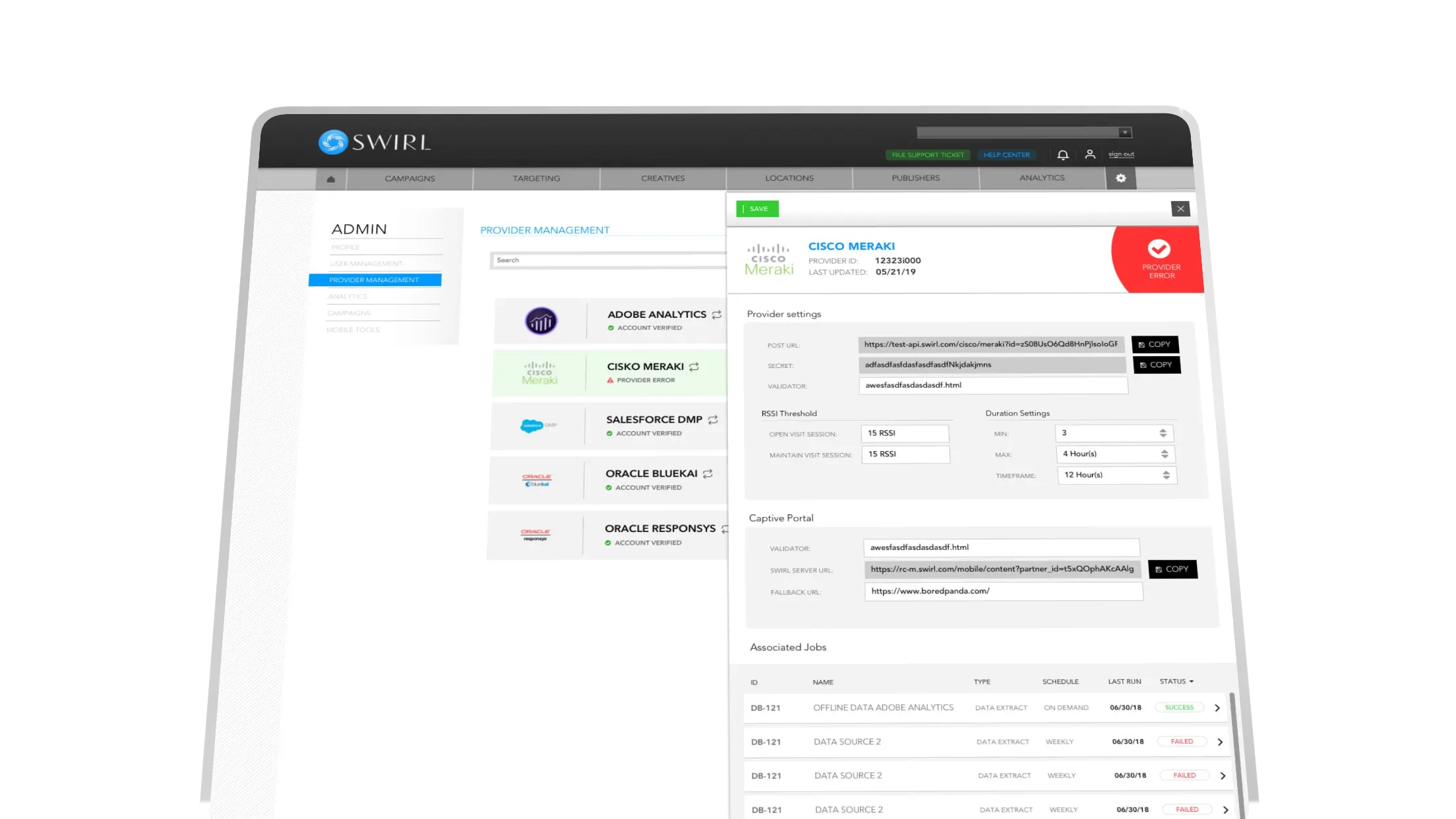 Swirl Provider Management — connector list on the left, Cisco Meraki detail panel on the right showing provider settings and associated data-extract jobs
