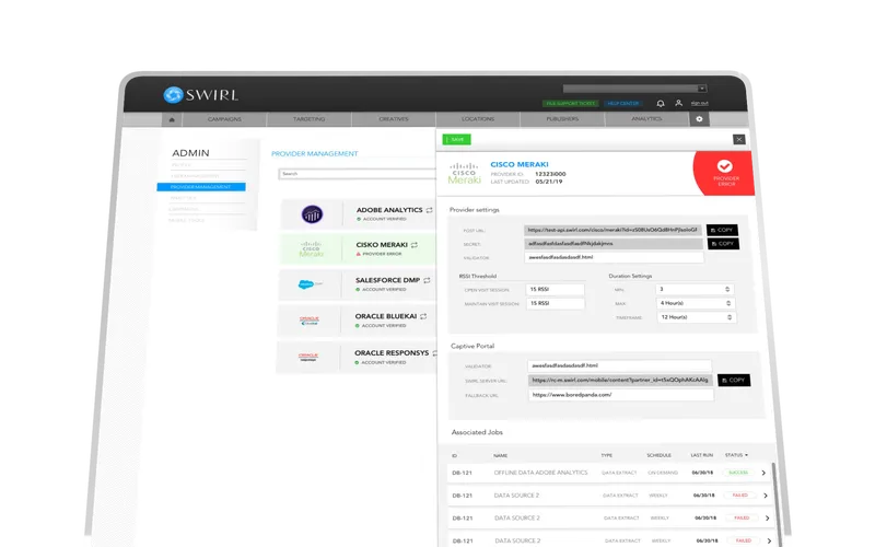 Swirl Provider Management — connector list on the left, Cisco Meraki detail panel on the right showing provider settings and associated data-extract jobs