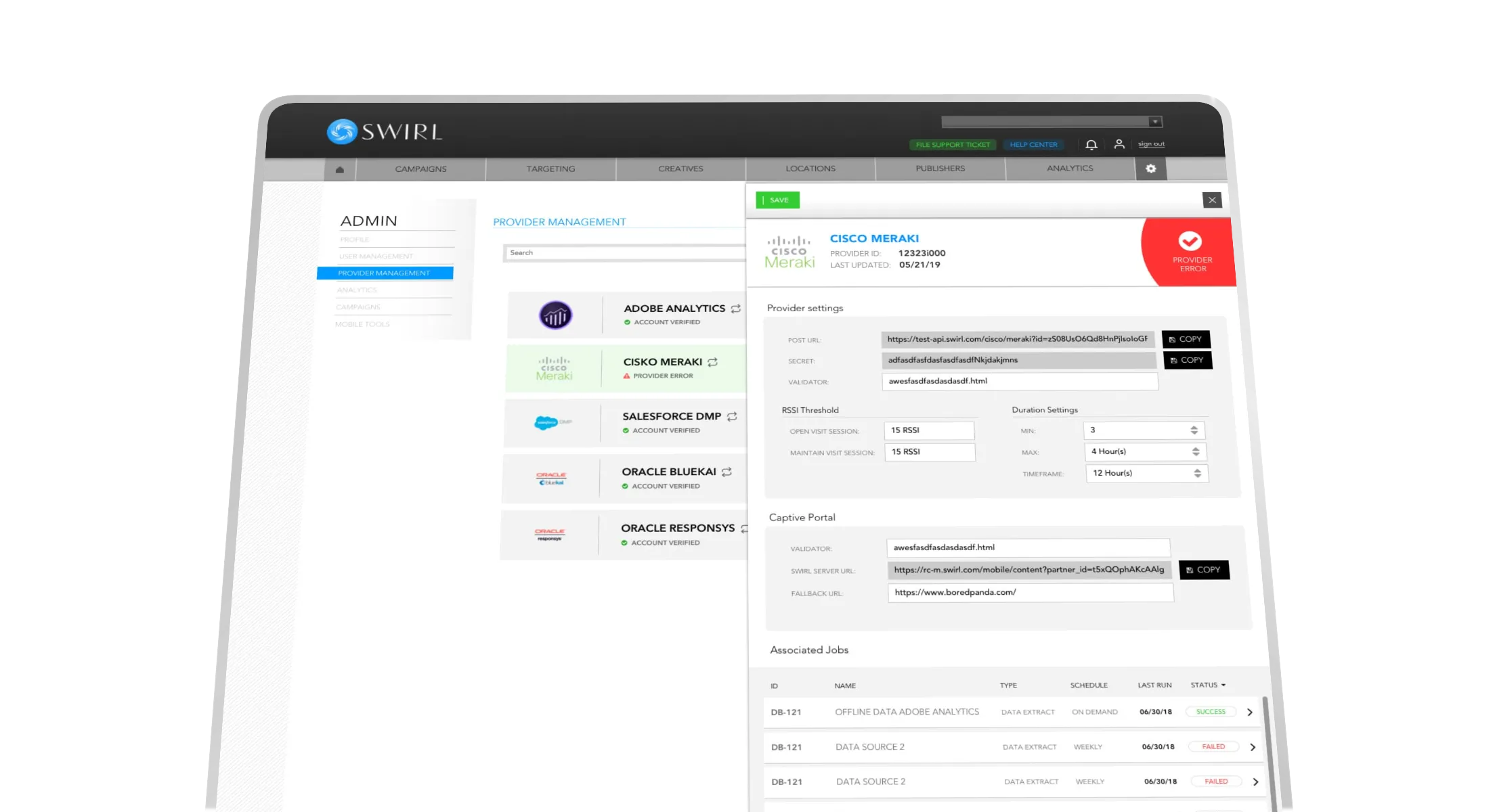 Swirl Provider Management — connector list on the left, Cisco Meraki detail panel on the right showing provider settings and associated data-extract jobs