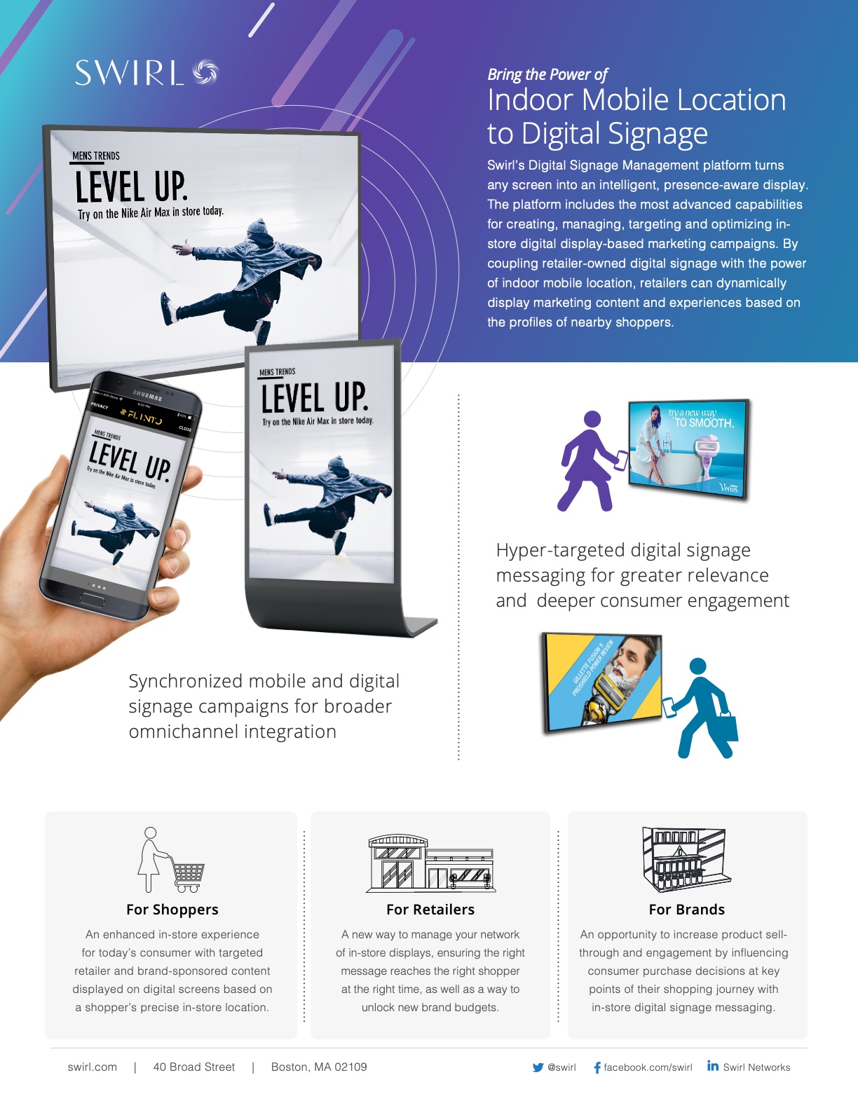 Swirl Networks marketing image showing a synchronized mobile + digital signage campaign in a retail store