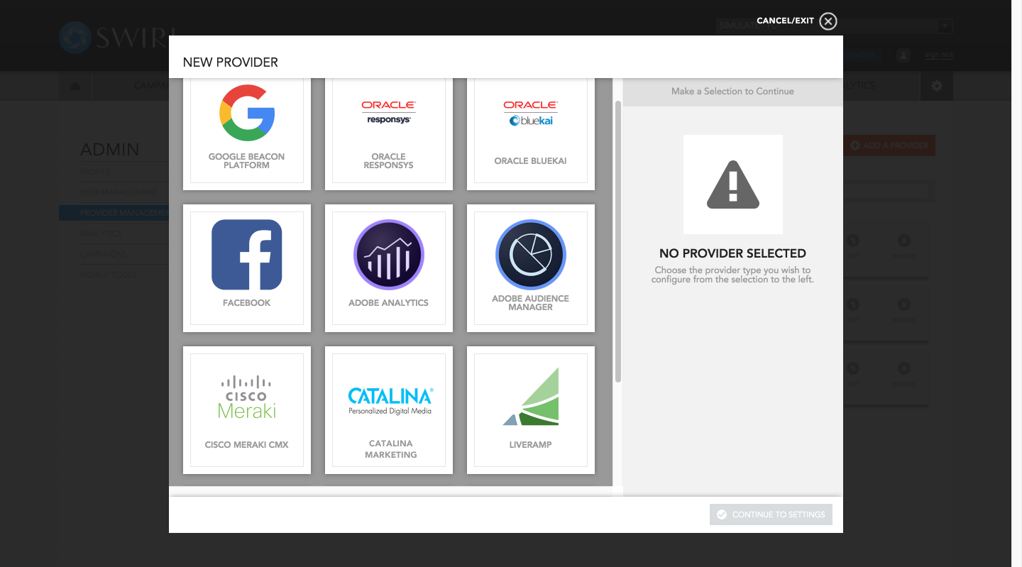 New Provider modal — 3x3 grid of provider logos including Google Beacon Platform, Oracle Responsys, Oracle BlueKai, Facebook, Adobe Analytics, Adobe Audience Manager, Cisco Meraki CMX, Catalina Marketing, and LiveRamp; right panel prompts to select a provider to continue