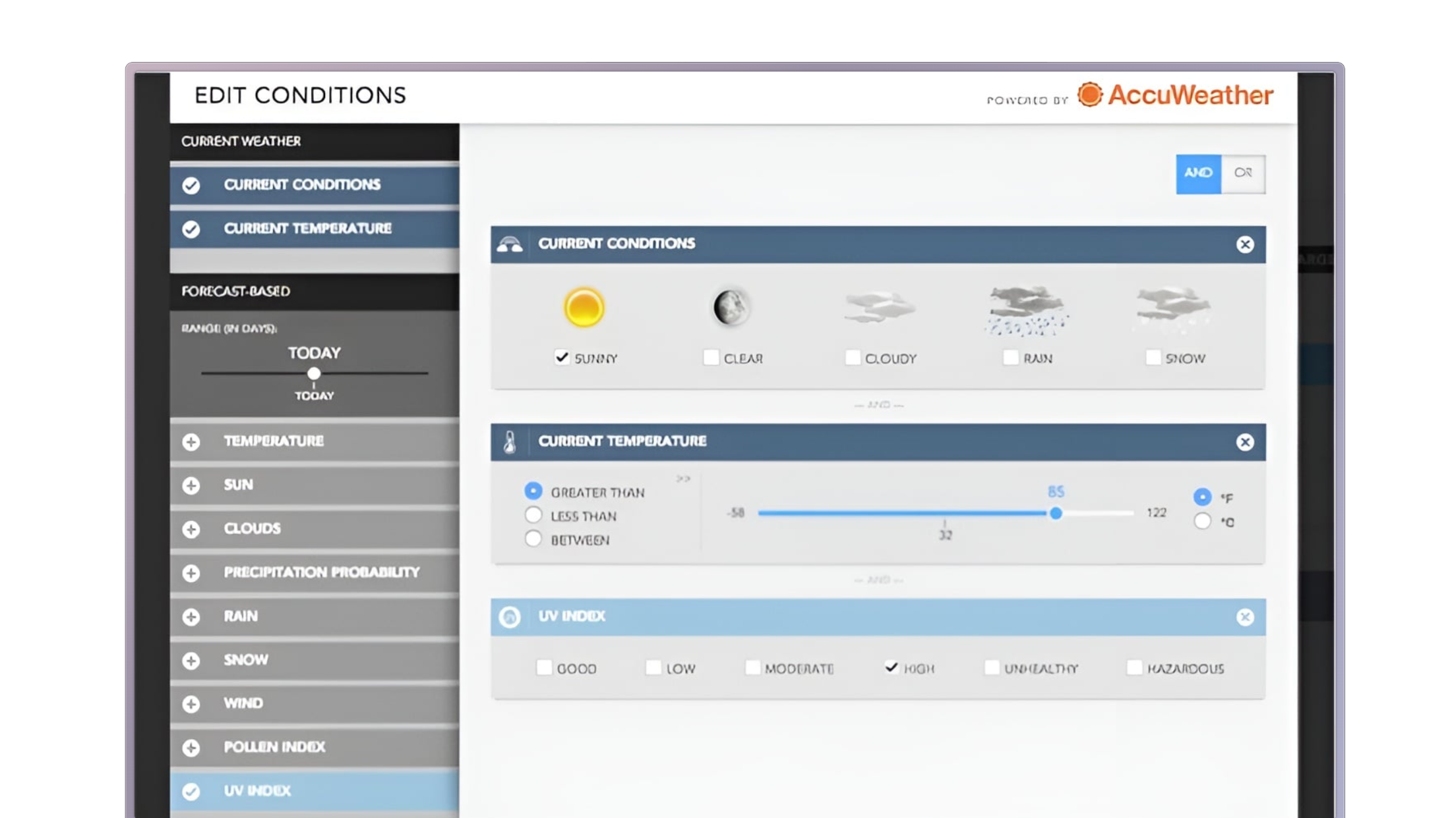 Swirl Weather Condition Builder — left panel lists condition categories (Temperature, Sun, Clouds, Precipitation, Rain, Snow, Wind, Pollen, UV Index) with a forecast day-range slider; right panel shows stacked condition cards with selectable weather states, a temperature range slider, and UV Index options; AND/OR toggle in the upper-right corner