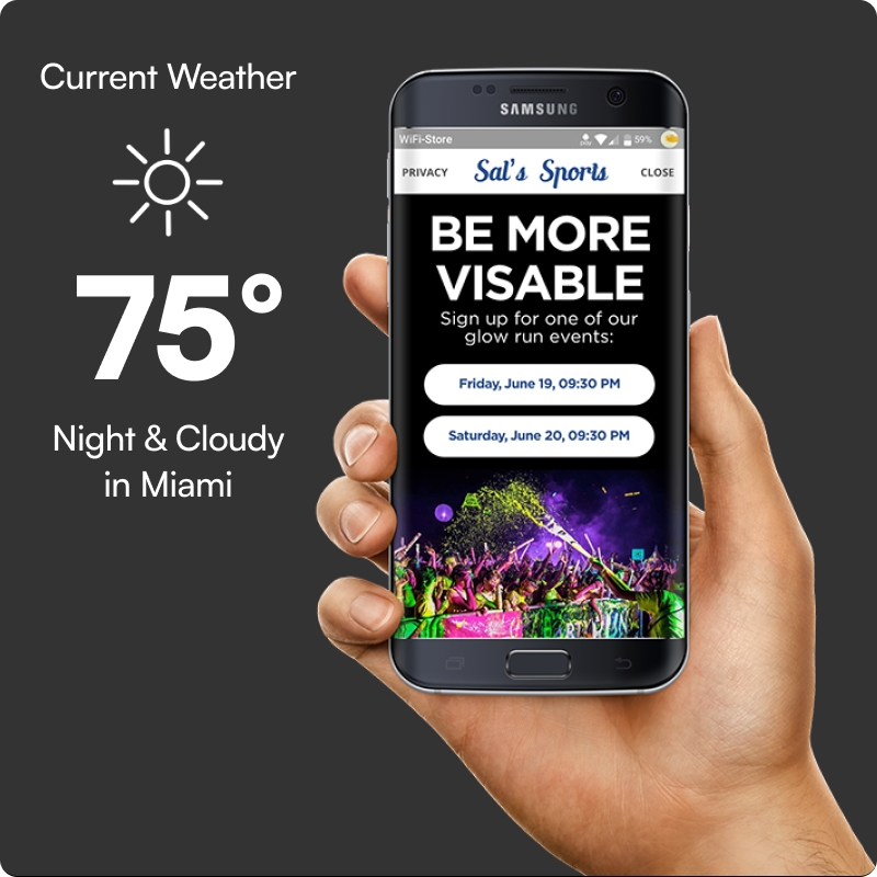 Mobile creative — Miami, 75°, night and cloudy, Sal's Sports glow run sign-up