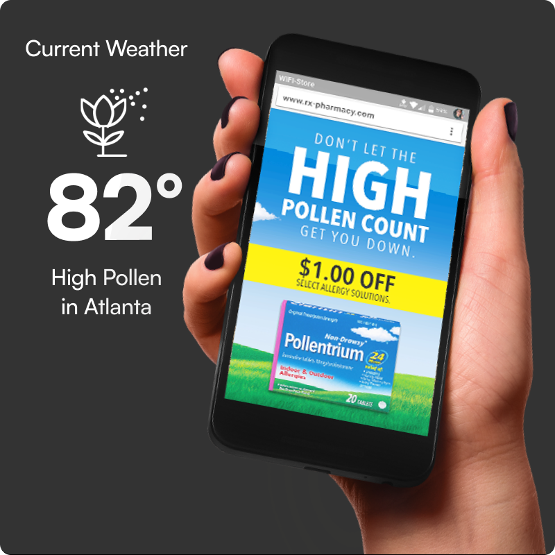 Mobile creative — Atlanta, 82°, high pollen count, $1 off Pollidin coupon
