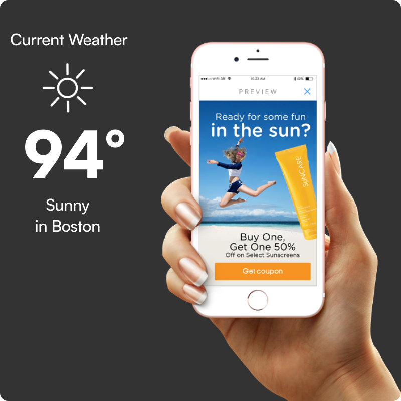 Mobile creative — Boston, 94° sunny, SunCap sunscreen BOGO 50% off
